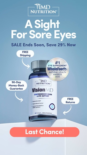 A clean, blue-toned vertical ad for an eye supplement showcasing clear value propositions, award seals, and an urgent sale discount.